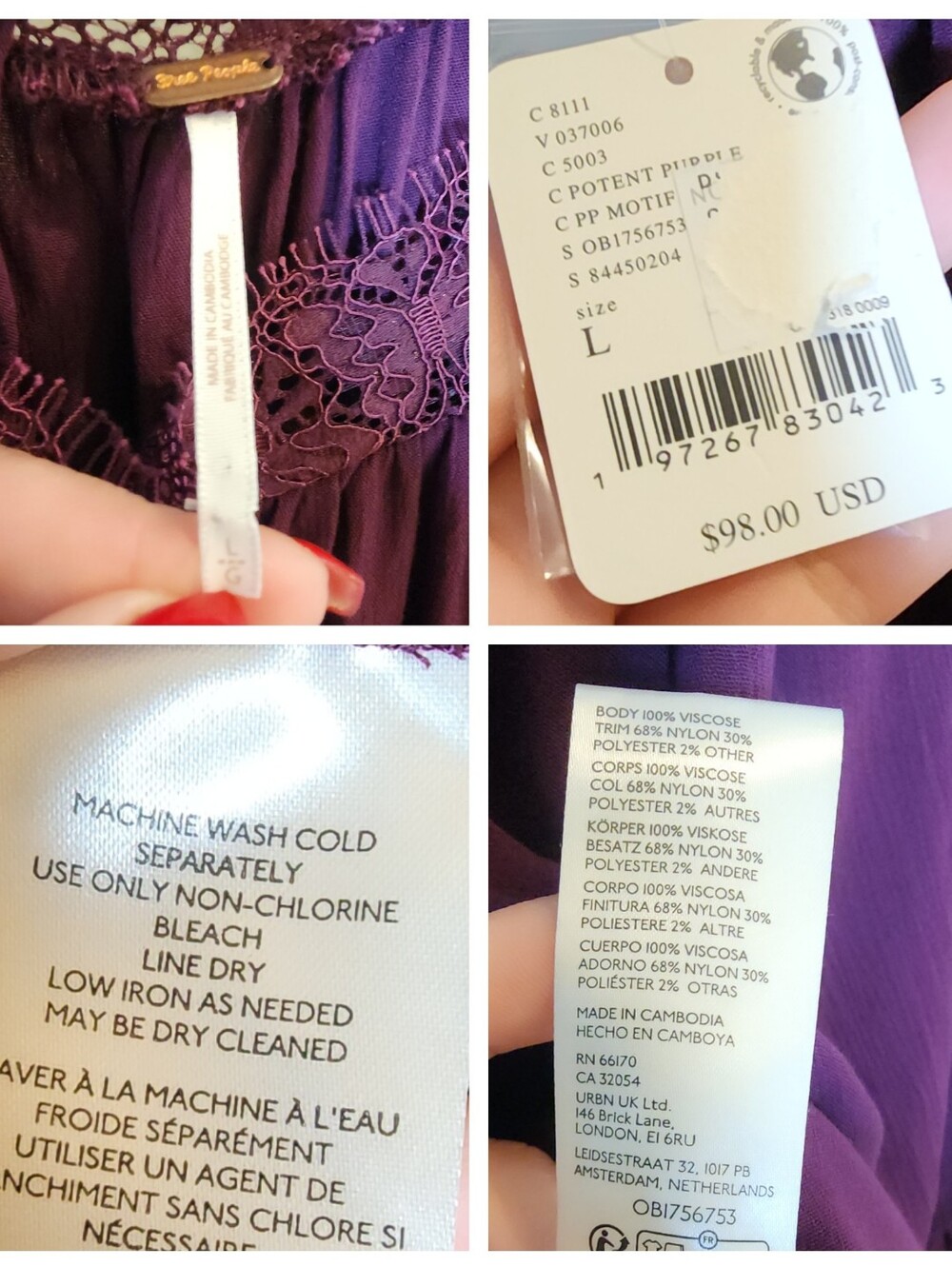 NWT Free People Flutter By Lace Blouse Top Purple Size L Prairie Boho Peasant - Picture 4 of 16